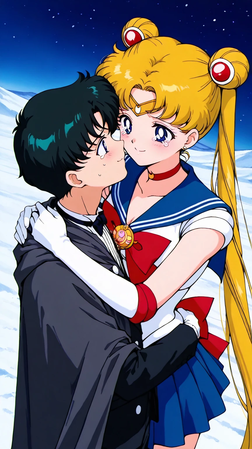 masterpiece,best quality,amazing quality, usagi tsukino, blonde hair, blue eyes, double bun, hair bun, hair ornament, long hair, twintails, circlet, parted bangs,
back bow, blue sailor collar, blue skirt, bow, brooch, choker, elbow gloves, gloves, jewelry, magical girl, pleated skirt, red bow, red choker, ribbon, sailor collar, sailor senshi uniform, skirt, white gloves, face to face, north pole, snow, hills, male, chiba_mamoru, 1boy black hair, short hair, tuxedo suit, cloak, dark blue eyes, hug, hugging, happy tears girl, smile boy, from above, night