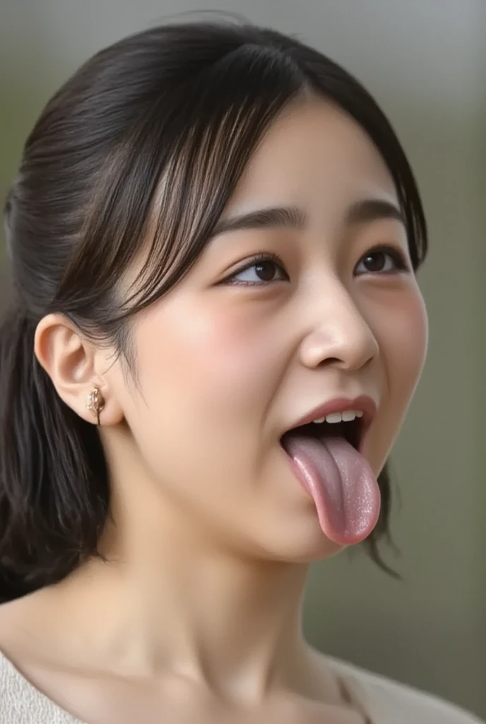 Korean,5 years old,,woman,Show only the face,Eyes wide open, a scary smile,Open your mouth and eyes wide,stick your long tongue out of your mouth