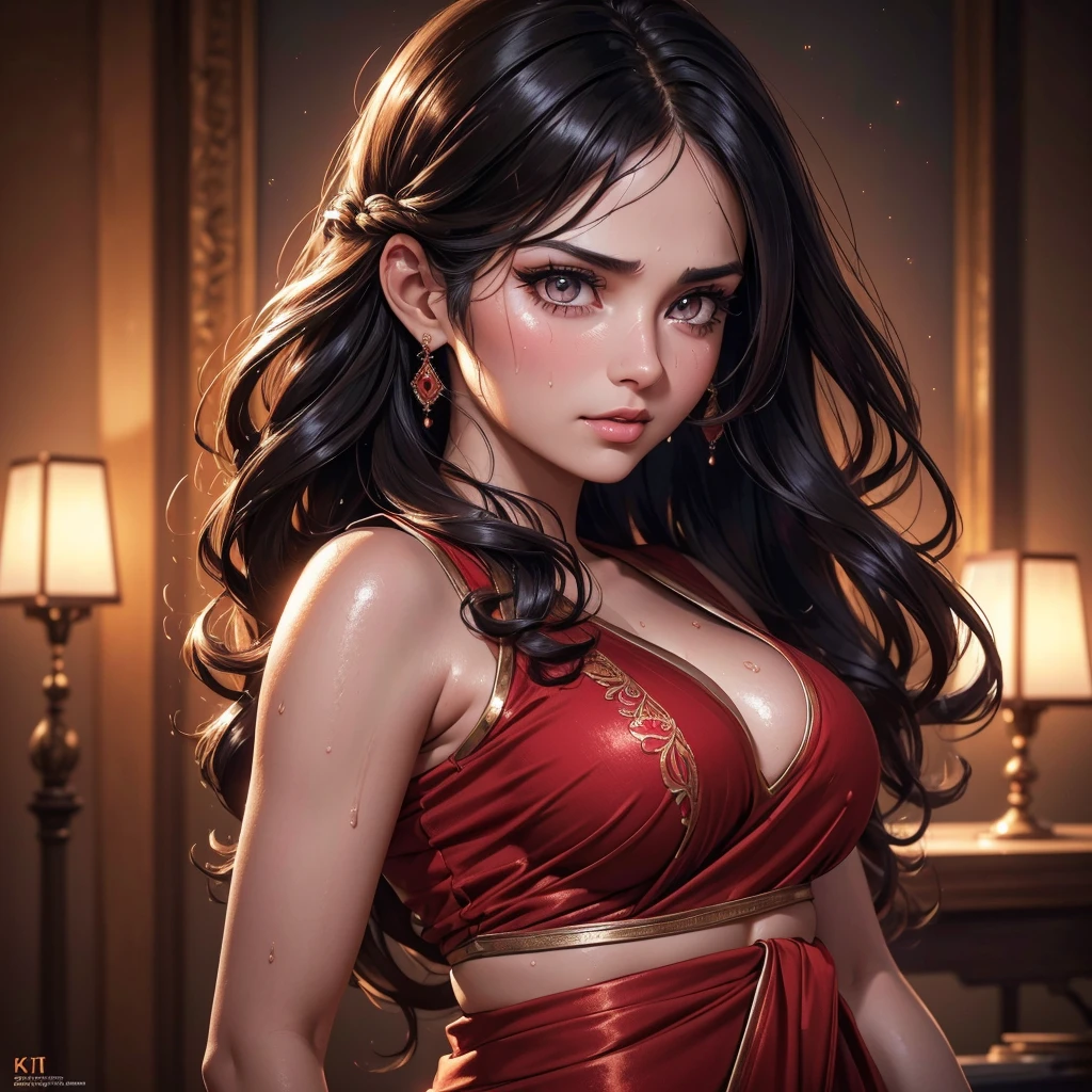 Sexy woman posing gracefully in a vibrant red chiffon off-shoulder bustier, paired with an elegant skirt.