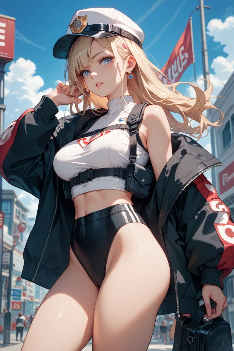 最high quality、best image quality、masterpiece、girl((20-year-old、 By becoming、vest bust、medium bust,wide open breast tea、shining eyes, blonde、long hair、thin,highest valley、ponytail、action of looking up、right arm bandage、Sportswear with a wide open chest、berry shorts、cool pose、holding a black smartphone、Cyber Sunglasses、ride a tourer bike、grin and laugh)),high quality、beautiful art、background((The road to the near future))、Flight、debris flies、Depth of written boundary、movie、visual art、perfect art、8k,genuine、