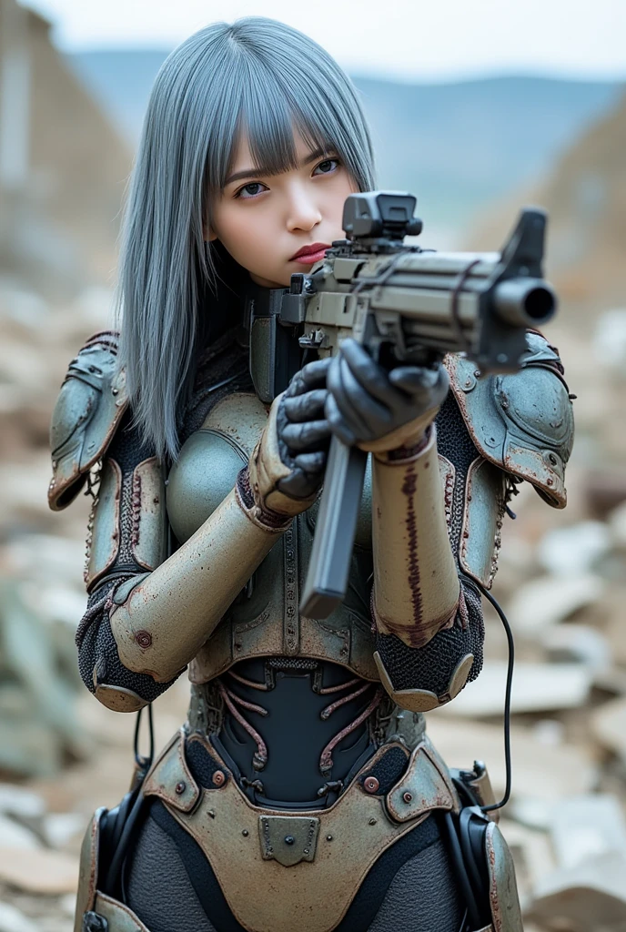 Properly, Super Detail, High quality, high details,masterpiece,Girl holding a large rifle,Idol-class girls,a beauty girl,Good Smile,Short, Curly blonde hair,detailed hairs,video,A slender,,Small,beauty legs,Naughty futuristic combat suit,Combat clothing,Brown combat uniform,highleg,Futuristic protector,Detail drawing device,Accurate finger depiction,Large rifles,Large rifle with accurate depiction,in desert,headset on head