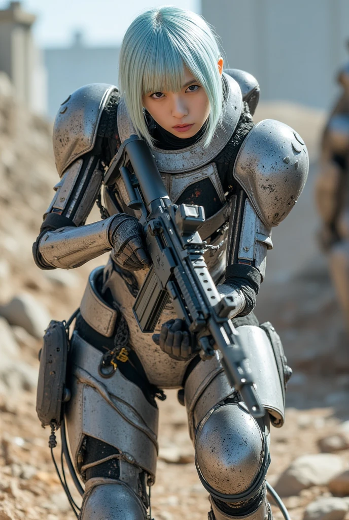 A 13-year-old Japanese girl with a slim figure, twin ponytails, wearing a tight metal mecha suit, in the desert, holding a lightsaber, with a mecha robot behind her, game CG, realistic, movie like visuals