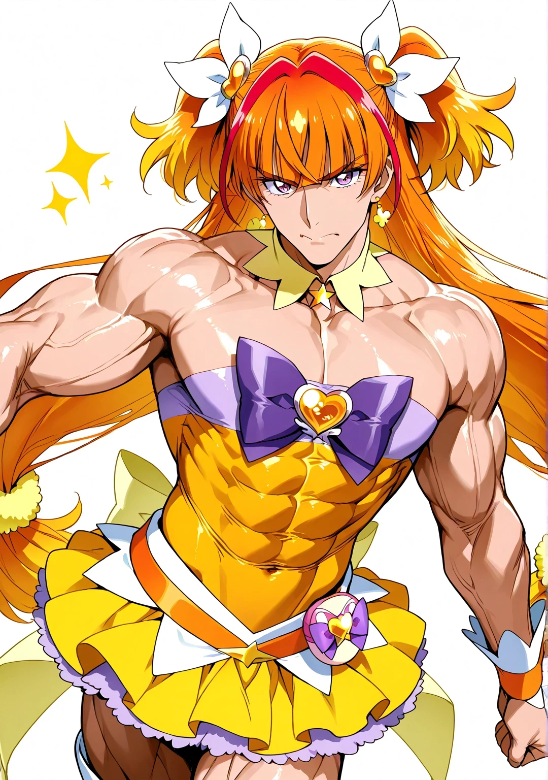score 9 、score 8 up、score 7 up、masterpiece、top quality、High Resolution、anime coloring、1boy 、cure twinkle、(male:1.6)、 Cartoon Images of Men Wearing Dresses 、boy with orange brown twin tail hair、official art、alone、long hair、 orange hair 、low tied long hair、multicolored hair、 Hair、two tone hair、streaked hair、blunt bangs、high short twintail hair、low two side up hair、Jewelry brooch 、 V line around waist 、Muscular and strong、white boots、strapless dress、sexy、thigh boots、Strong muscles、Yellow Miniskirt、purple bow、yellow bow、Sparkling Magical Boy、a sexy atmosphere、purple mini skirt、layered skirt、Anime picture of a Blonde man in an ultra mega super hyper sexy 、purple mini skirt under yellow mini skirt、 Masculine and Disguised 、 Official Artwork 、Anime Prince、 purple eyes、 headquarters artwork 、 muscular man、wrist cuffs、purple bow tie、Orange belt、collarbone、covered midriff、covered abs、covered navel、 covered stomach、upper pectoralismajor、pectoralis major、biceps、biceps long head、biceps short head、triceps、triceps medial head、triceps lateral head、triceps long head、deltoids、anterior deltoids、middle deltoids、posterior deltoids、thigh muscles、 fanart、Beautiful、むき出しの肩、Bare Arms、 cool anime boy 、(manly:1.6)、yellow mini dress 、sexy boy、cool boy、adult boy、white thigh-high boots、 dress up darling anime 、official anime artwork、sexy male、 magical aura、lewd male、perfect body、perfect hands、perfect arms、perfect legs、 male focus、looking at viewer、cure twinkle costume、alone focus、cowboy shot、(male body:1.6)、beefcake style、(manly face:1.6)、