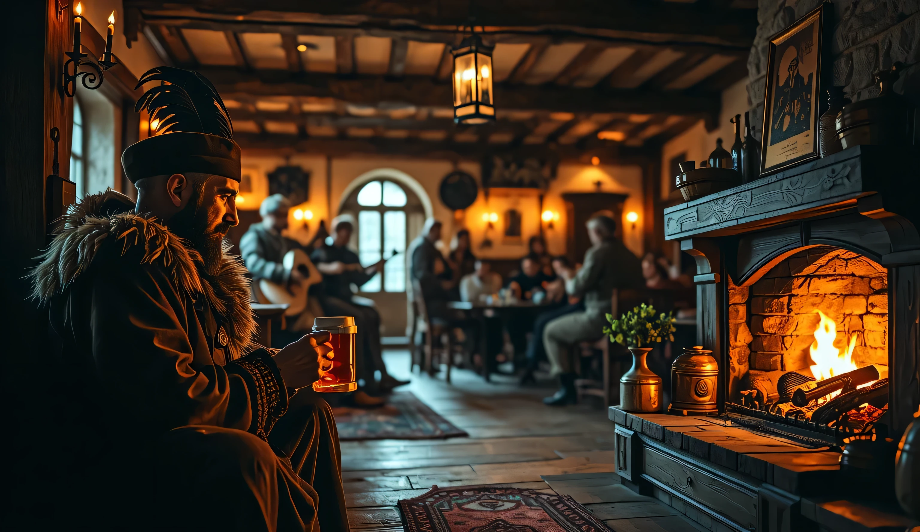 Inside a bustling medieval tavern, a rugged traveler in a tattered cloak and feathered hat sits near the fireplace, sipping ale from a wooden mug. Behind him, a bard strums a lute while soldiers and merchants engage in lively conversations. Candlelight flickers across the wooden beams, casting a warm and nostalgic glow over the scene