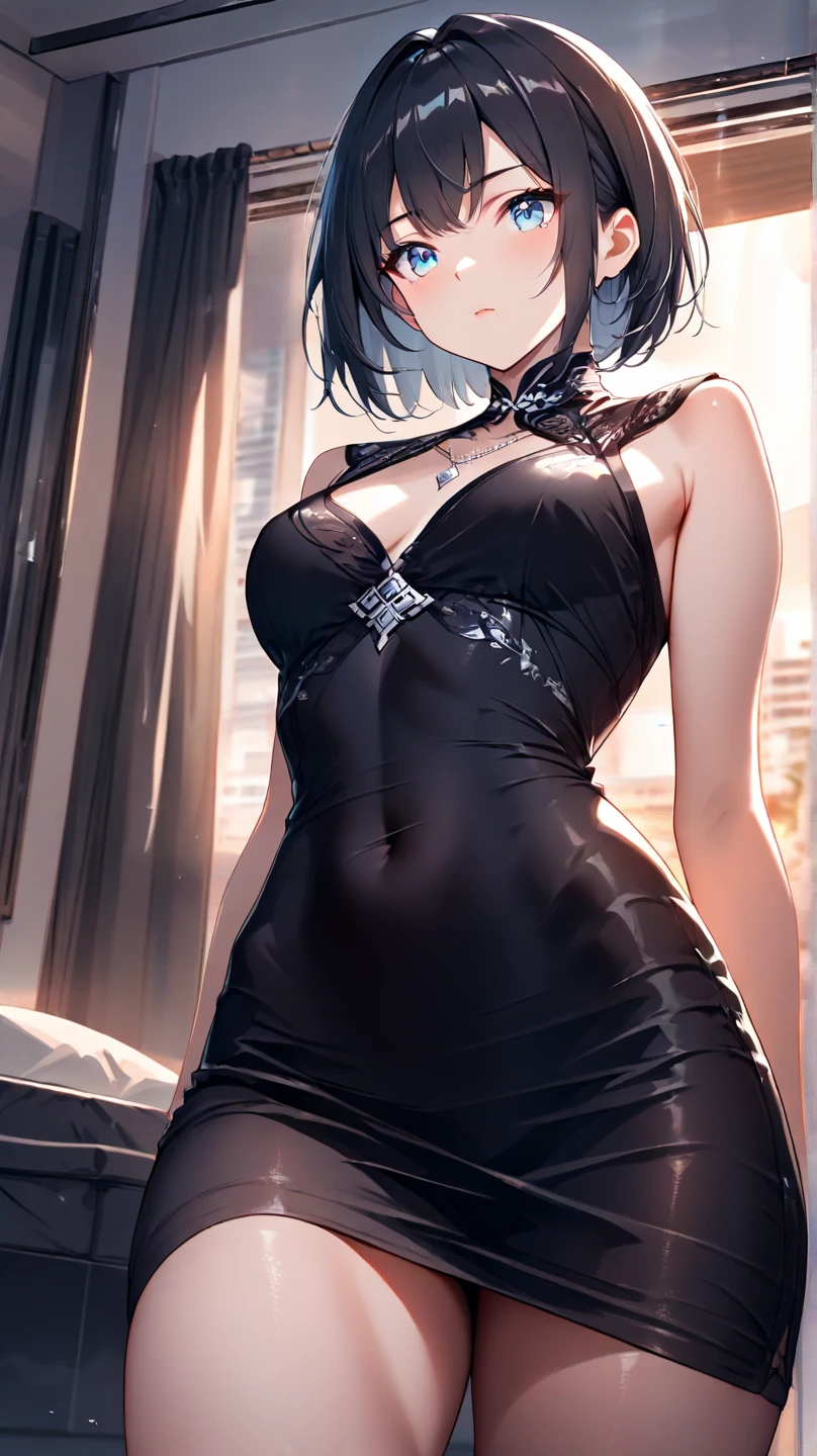 1women, wearing a black colour party frock, modern style plain black colour frock, at a night party, light blue short hair, light blue colour eyes, 8k, high detailed, high quality