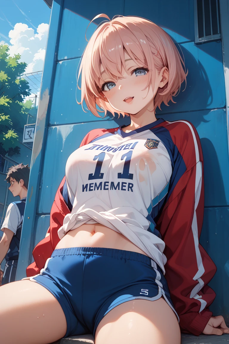 best quality, detailed girl, glaring,serious face,fighter,small breasts,pointy breasts,pink braided short hair,old glasses, (volleyball uniform), lift bra,((((no bra)))),show off spats, lift skart,(long spats),flom gym,perfect anatomy,perfect hands,(shiny skin),multiple views