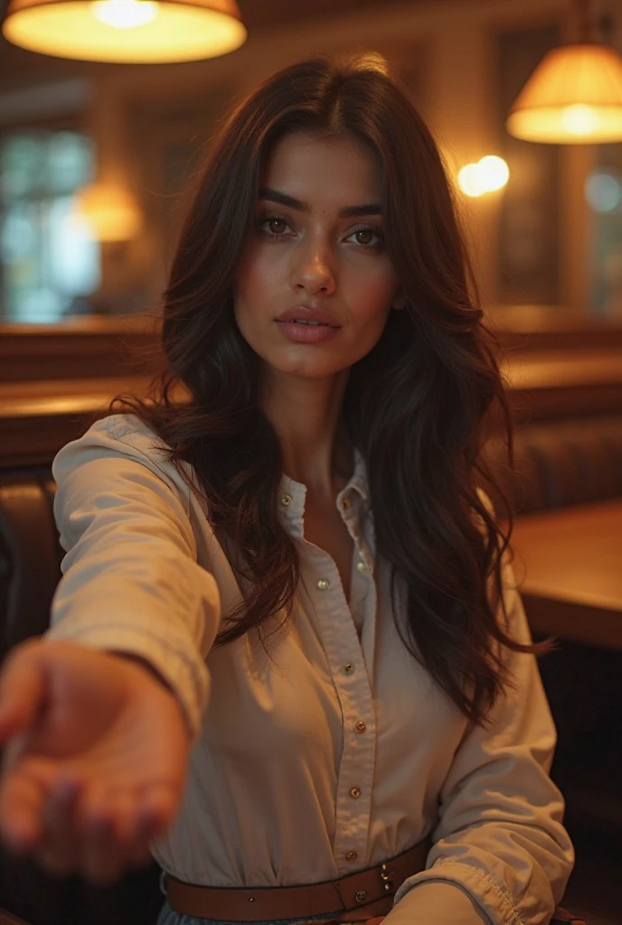 (8K, best quality, masterpiece:1,2), (Practical, photo-Practical:1,37), Top quality, masterpiece, A beautiful woman, I want coffee, A coffee cup, Elegant style. Urban female style, Whitens skin, beautiful eyes, Medium Length Hair, Coffee Shop，Dim Lights，Depression atmosphere，Lenses,White Draped Asymmetric Cowl Neck Dress