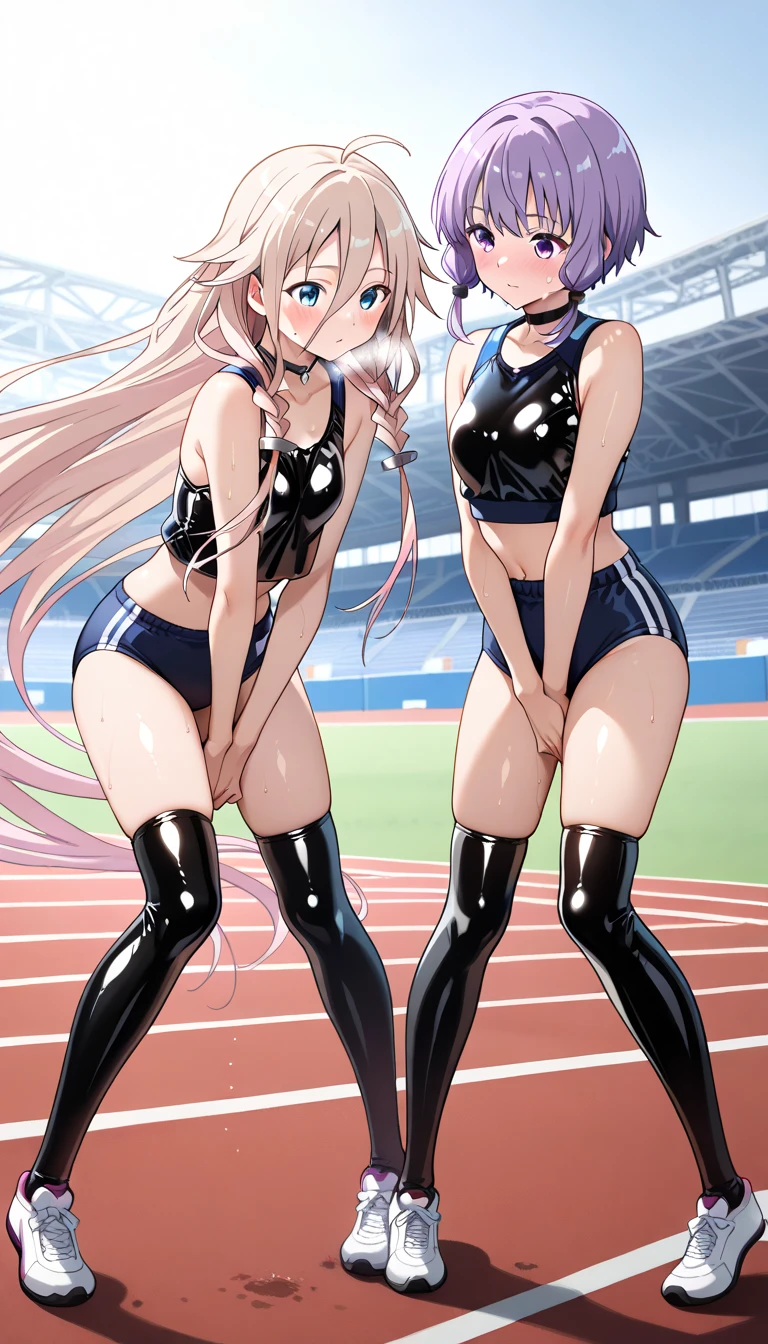 (masterpiece:1.2, Highest quality), (Realistic, photoRealistic:1.4), Beautiful illustrations, (Natural Side Lighting, Cinema Lighting), avert your eyes, (Cowboy Shot), 2 women, Grid Girls, 40 years old, (((Mature Woman))), (Beautiful anime faces), Japanese, Perfect Face, Perfect Anatomy, Symmetrical cute face, Glowing Skin, Blunt bangs, (Intense glowing purple eyes:1.3), Beautiful Hair, Beautiful Face, Beautiful clavicle, Beautiful body, Beautiful breasts, Beautiful thighs, Beautiful legs, Beautiful fingers, (Perfect Face, Perfect Anatomy), (Two legs, Five Fingers), ((Grid Girls, Racing Suits, Race Queen Costume:1.3. Purple and black bodysuit with sponsor logos:1.3, Shiny arm covers:1.3, Shiny knee-high boots:1.3)), (Beautiful views), Written boundary depth,((Tall Woman), (Slim figure), (small breasts directed upwards)), ((Love each other passionately:1.3)), 