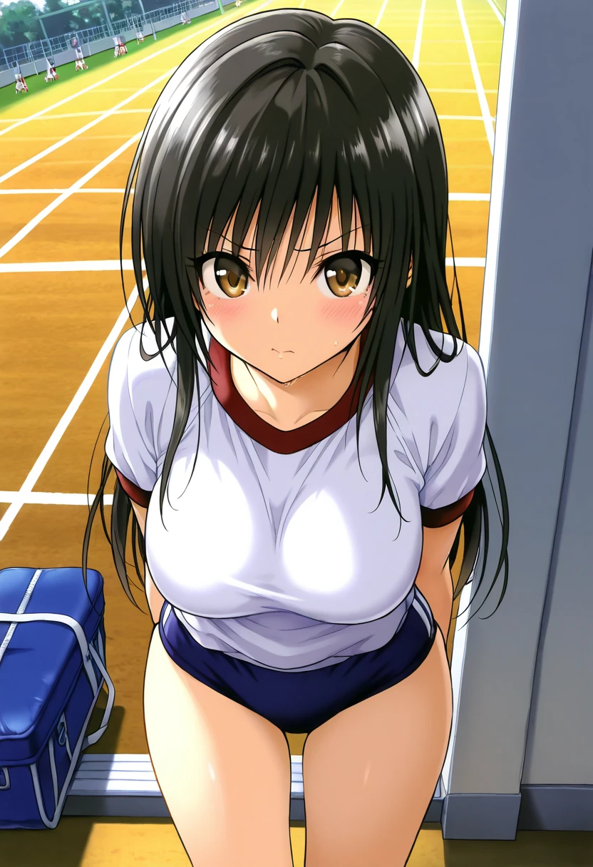 masterpiece, ultra quality, ultra sharp, ultra detailed, 1girl, solo, (((good anatomy))), haduki kurumi, (tattered torn dripping wet white gym shirt), navy gym pants, animal ears, randoseru, name tag, Japanese anime pose, laugh, BurumaShorts, Buruma, Gym Uniform, (((sitting, squatting, spread_legs, legspread, split_legs, spreading legs)), on bed, (randoseru backpack:1.4), (smug smile), buruma, blue buruma, black buruma, (cameltoe), (tattered torn short sleeve white gym uniform with colored hem), (tiny nipples), (white long loose socks), strong lighting, legspread, bukkake, cum on clothes, cum on legs, cum on buruma, cum on bloomers, (spreading pussy by hands)