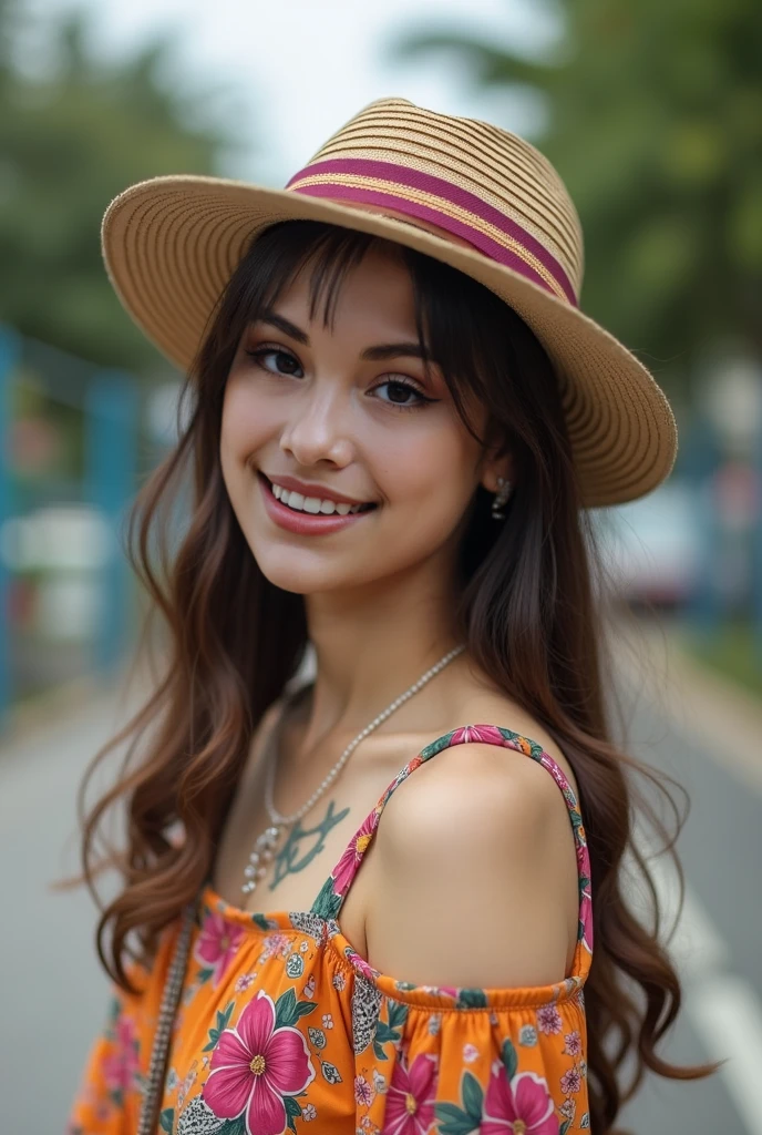 (masterpiece), (portrait), (aesthetic), (beautiful), (upper blody), (high quality), (aesthetic clothings), (professional angle), (rule of thirds), (Feminine), (woman), (female), (beautiful),(feminine features), (25 years), solo, 1 woman, (attractive Mexican), Summer, Natural light, (Sitting), Fresh Makeup, (large bust), ((holding a Sombrero)), (Side face), (Joyful expression), ((Vibrant, Happy)), Statement Necklace, ((Long hair)), (Brown hair), (Straight hair), (Thick hair), Natural shine hair, (Flower Clip in hair), (Brown eyes), (Playful, Colorful look), (Olive skin), (Embroidered clothing), (Off-Shoulder Top), (Ruffled Skirt), (Sandals), Sweetheart neckline), ((Urban background)), (- in background), (Full Shot shot), beautiful hands, two hands, normal hands, two arms, complete hands, beautiful body, beautiful fingers, normal fingers, five fingers, five fingers, (Thumb index meddle ring little fingers), beautiful ears, normal ears, beautiful eyes, shiny eyes, beautiful mouth, beautiful lips,