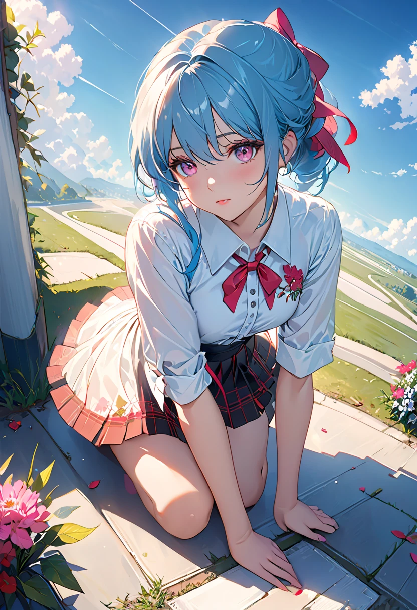1 girl in、Riding a bicycle、cycling、short-hair、pale blue hair、Close one eye、blue eyess、blazers、(Plain white shirt)、(red bowtie)、(Red plaid skirt)、Black stockings、A smile、red tide、hightquality、best qualtiy、Blowing in the wind、