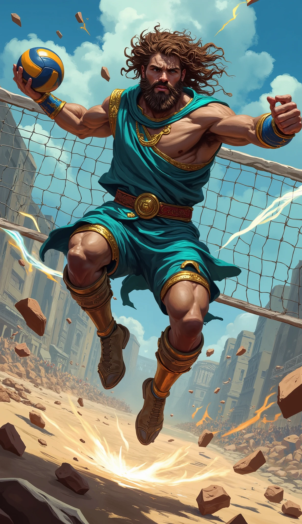 greek young god zeus, ((playing volleyball:2)), ((striking bolts)), volleyball ball, background is volleyball court, he is jumping, ((professional volleyball player pose jumping in the air attacking with ball through the net)), (((attacking the ball))), 4K, high details, (digital painting), ((oil painting:2.2)), dynamic pose, masterpiece, particles, (he is wearing turquoise warrior outfit covered with golden ornaments), (turquoise color), high quality , high contrast, strong light, ((majestic curly brown hair))