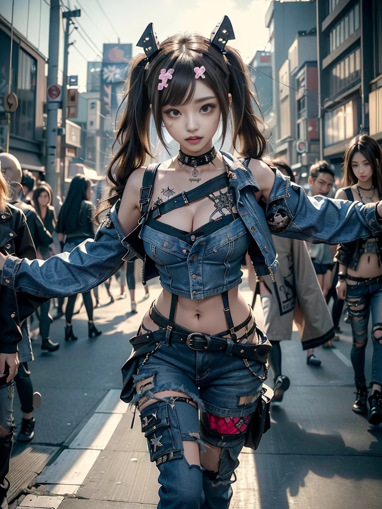 (Beautiful lips and nose:1.4)、(Long eyelashes:1.4)、(Smiling with teeth showing:1.3),(Shibuya Gal:1.5)、(A delicate neo-gothic embellished dress:1.5)、(Tattered denim and black punk rock cargo pants:1.5)、(Denim and black navy skull mark small jacket:1.4)、(denim garter belt:1.5)、(Black and denim knee socks:1.3)、(Skull Silver Accessories:1.5)、(Denim collar:1.3)、(Brown Skin Belt:1.4)、(Brown boots:1.2)、(The underwear is striped:1.4)、31 years old、((Highest quality、In 8K、masterpiece:1.3))、Sharp focus:1.2、(Layered Cut、Huge boobs:1.1),Beautiful woman with perfect figure:1.4、(Dancing vigorously:1.3)、Slender Abs:1.2、Highly detailed face and skin texture、Detailed eyes、double eyelid,(Twin tails:1.3)、(Black brown hair:1.3)、Gravure idol、(The background is a vast mountain with a clear view々Beautiful luxury resort destination in Europe:1.3)、(Slim Body:1.2),(Make your legs thinner:1.4),(clavicle:1.1)
