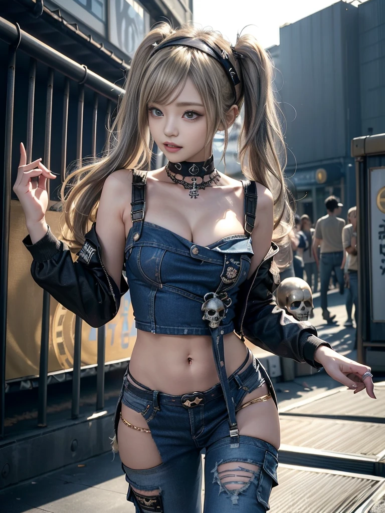 (Show your teeth and smile:1.3),(Shibuya Gal:1.5)、(Gothloli style fashion:1.5)、(Punk rock visual kei:1.4)、(Medieval noble miniskirt dress in denim and black:1.5)、(Denim and black medieval arm covers and bustier:1.5)、(Denim High Heels:1.3)、(Wearing silver accessories:1.5)、(Denim collar:1.4)、(Black Leather Garter Belt:1.4)、(Brown Skin Belt:1.3)、(Black lace underwear:1.5)、20yr old、NSFW、((top-quality、in 8K、​masterpiece:1.3))、Crisp focus:1.2、(layers-Cut、Colossal tits:1.1),Beautiful woman with perfect body shape:1.4、(Dancing hard:1.3)、Slender Abs:1.2、Highly detailed facial and skin texture、A detailed eye、二重まぶた,(Twin-tailed:1.3)、(Brown Blonde:1.3)、hposing Gravure Idol、(The background is the cityscape of the Caribbean Sea:1.3)、(Slim body:1.2),(Slim legs:1.4),（鎖骨:1.1）