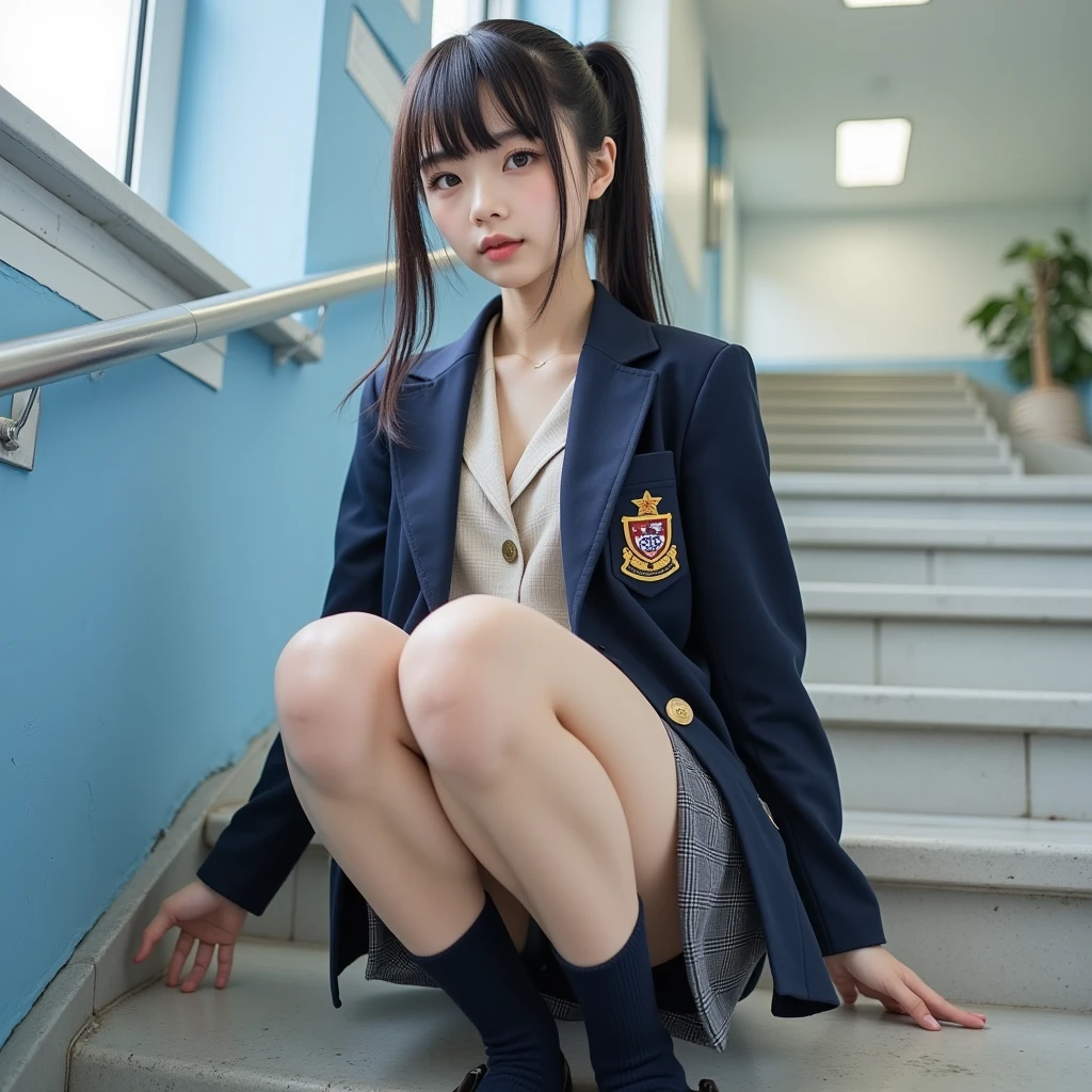 Highest quality、High school girl sitting on a chair、Women's high 、Knee-length skirt、tights、loafers、Full body photo、 Black Hair、Short Haircut、smile、Beautiful teeth alignment、、Intricate details, Very detailed:1.2), 、 Looking into the camera,The background is the classroom