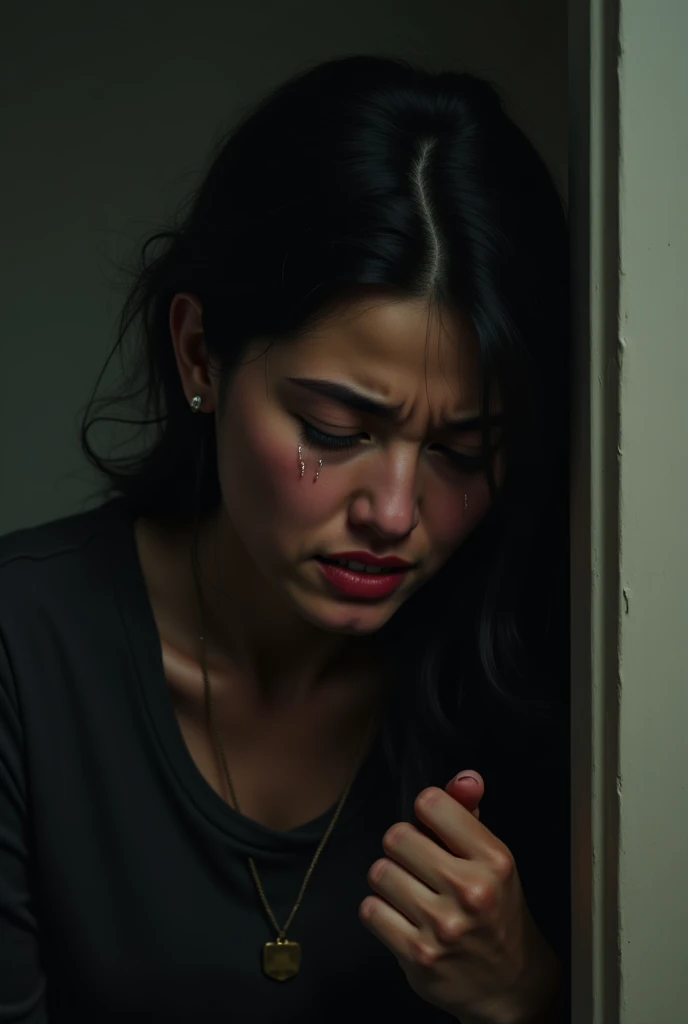 a woman crying in a dark bedroom