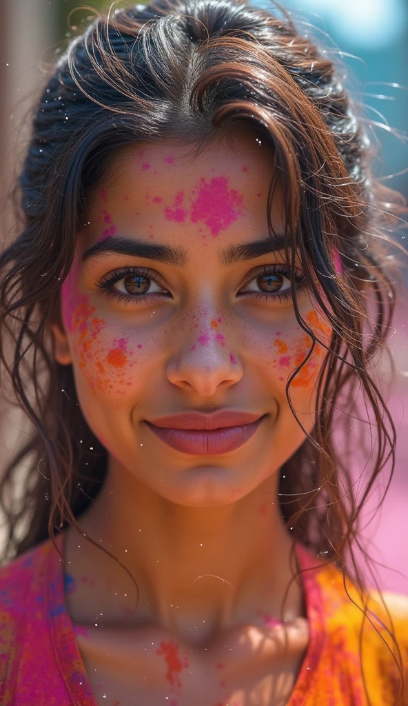 ultrarealistic hires close up photo of a 30-year-old sai pallavi woman, outdoors, realistic skin texture, looking looking at camera, pink bikini, beautiful bokeh background