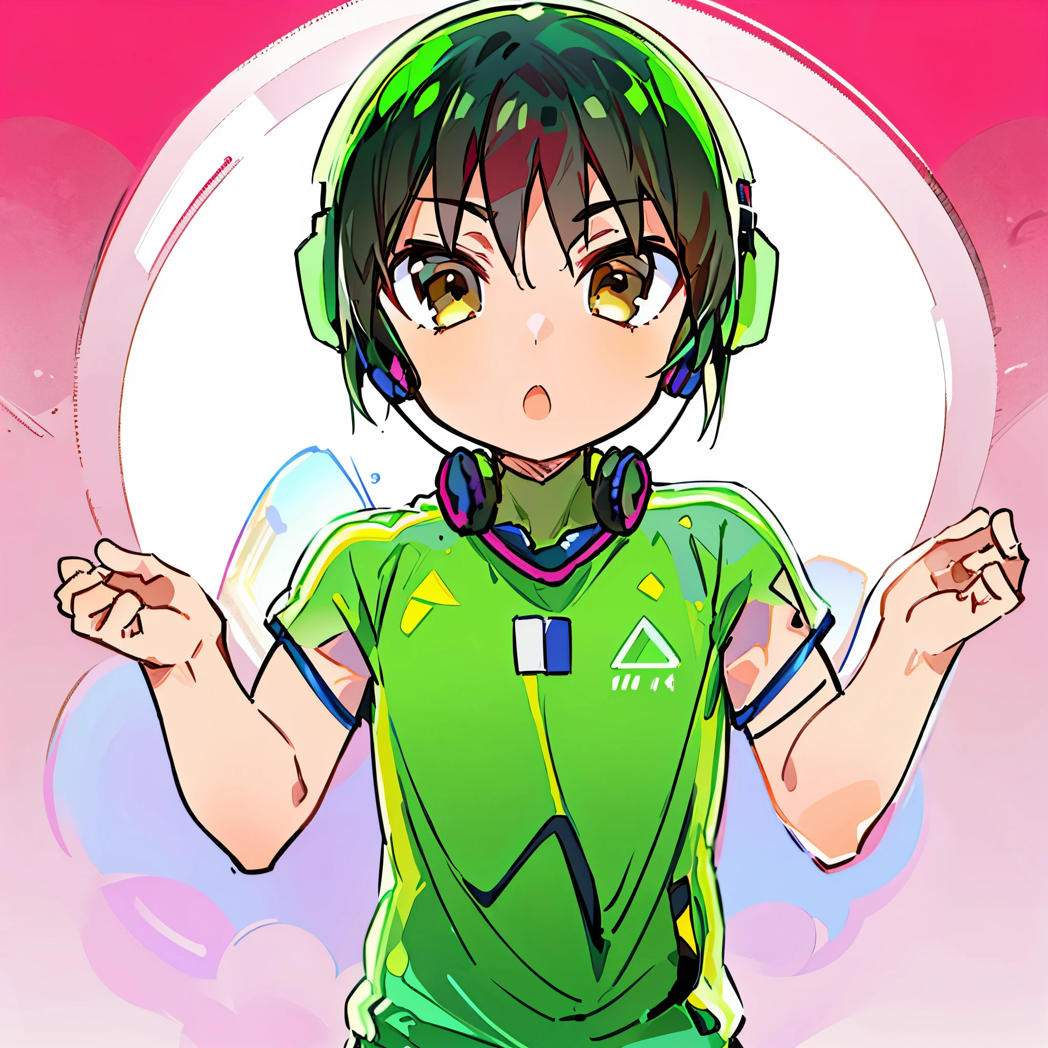 masterpiece, best quality, highres, absurdres, 4k resolution, official art, source_anime, male, 1boy, cool, sharp eyes, expressive eyes, brown eyes, headphones, waist up, shrug, shrug emoji, hands up, fingerless, (green shirt:1.5), (black hair:1.5), straight hair, pointed bangs, fair skin, white background, plain background,