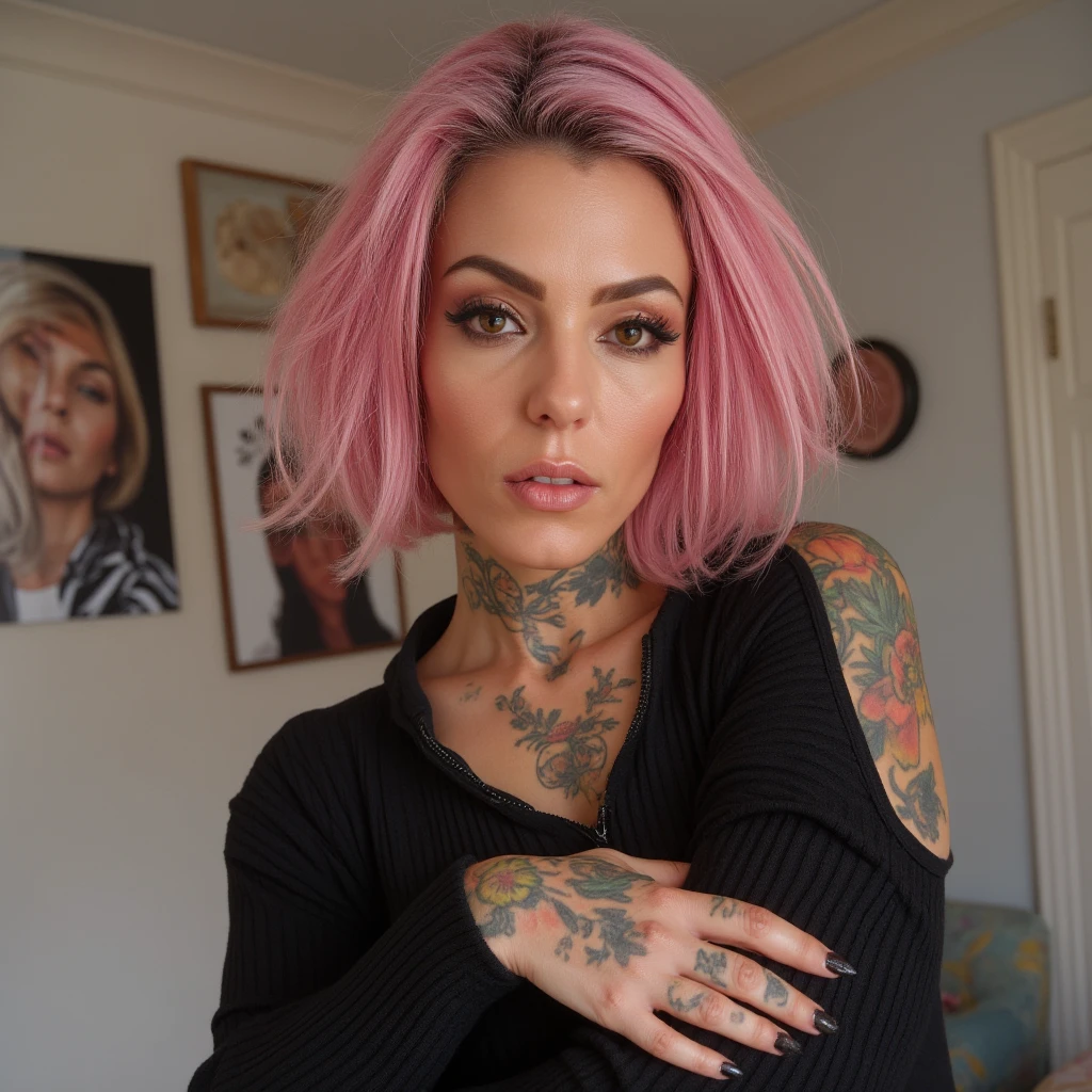 Young adult woman 22 years realistic, sexy with medium tits, modern punk style similar to harley queen, with long blonde and a little pink hair, with a broken heart tattoo on the neckline for the profile image
