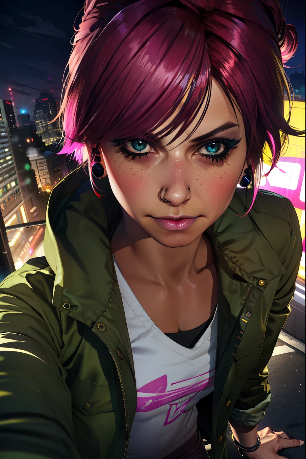 (extremely detailed CG unity 4k wallpaper),(best illustration),(best shadow),(absurdres), (simple night background), fetchxl, multicolored hair,pink hair, blue eyes, green jacket,white shirt with logo,shorts,earrings,jeans, standing,upper body, city rooftop,neon lights,night, looking at viewer, nose ring, small smile, shy, medium breasts, Lithe figure, close up up face, POV Shot,
