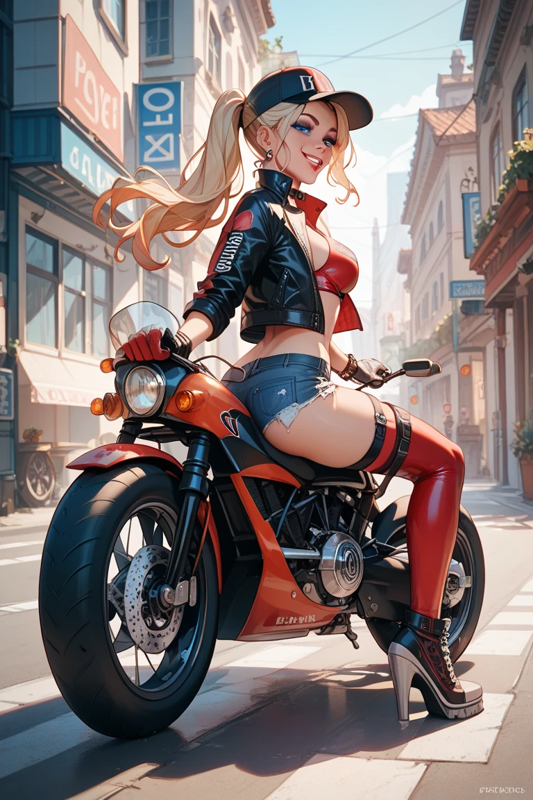 A digitally 3d rendered image of a female character with long wavy blonde hair tied in two ponytails. She is wearing a black dress, black lace gloves, and black ankle boots. The female character is sitting confidently on a detailed motorcycle. The motorcycle has a design featuring roses and the word 'BIGURILHAS 'written on it. The background is multi. 