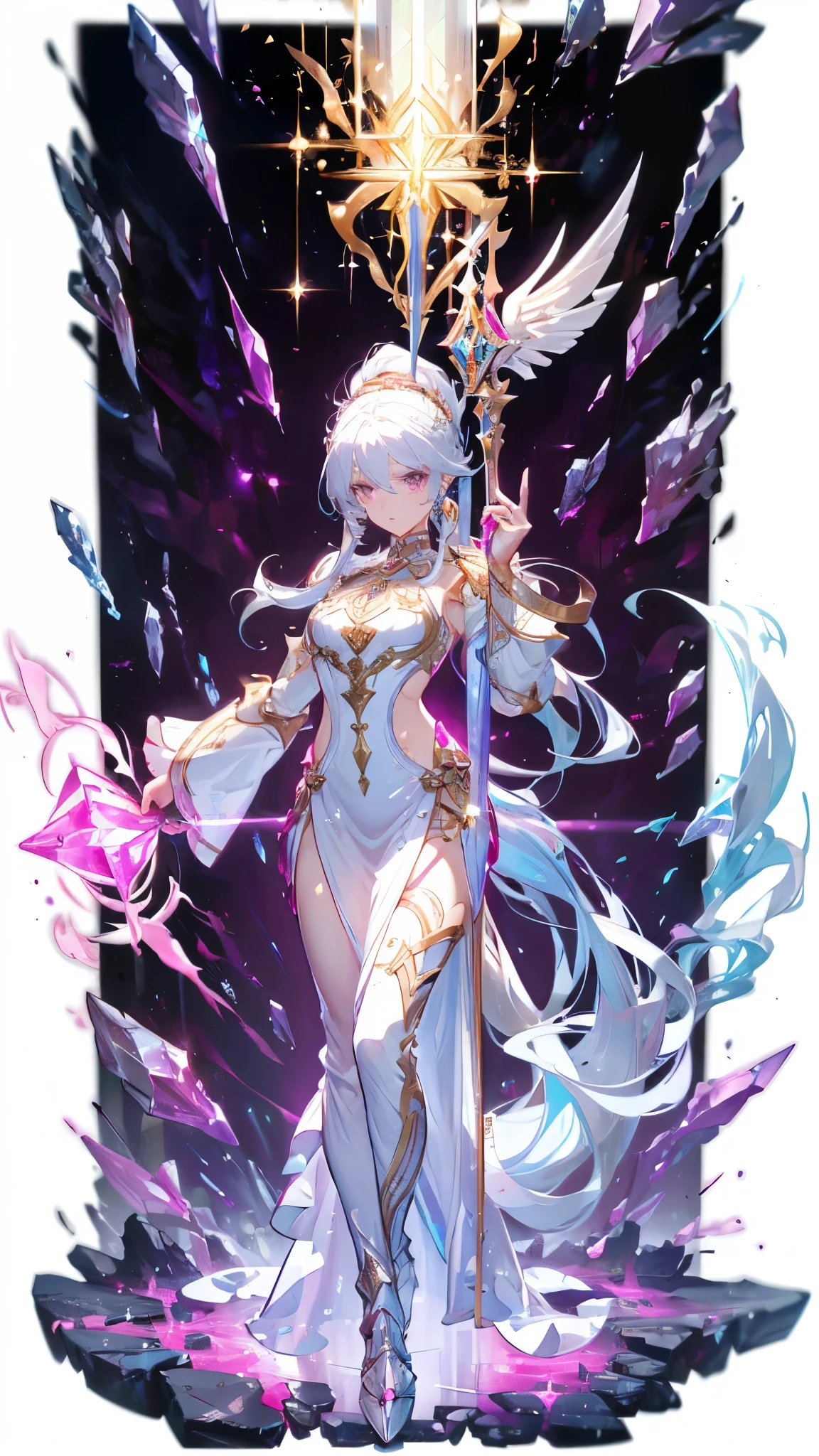 exquisite face,Valkyrie,Crystal Holy Knight,crystal full body plate,Armor,Fuchsia Crystal,Glowing gold jewel on the chest, perfect body proportions, double ponytail hairstyle ,Beautiful White Eyes,fantasy style,white background,Transparent