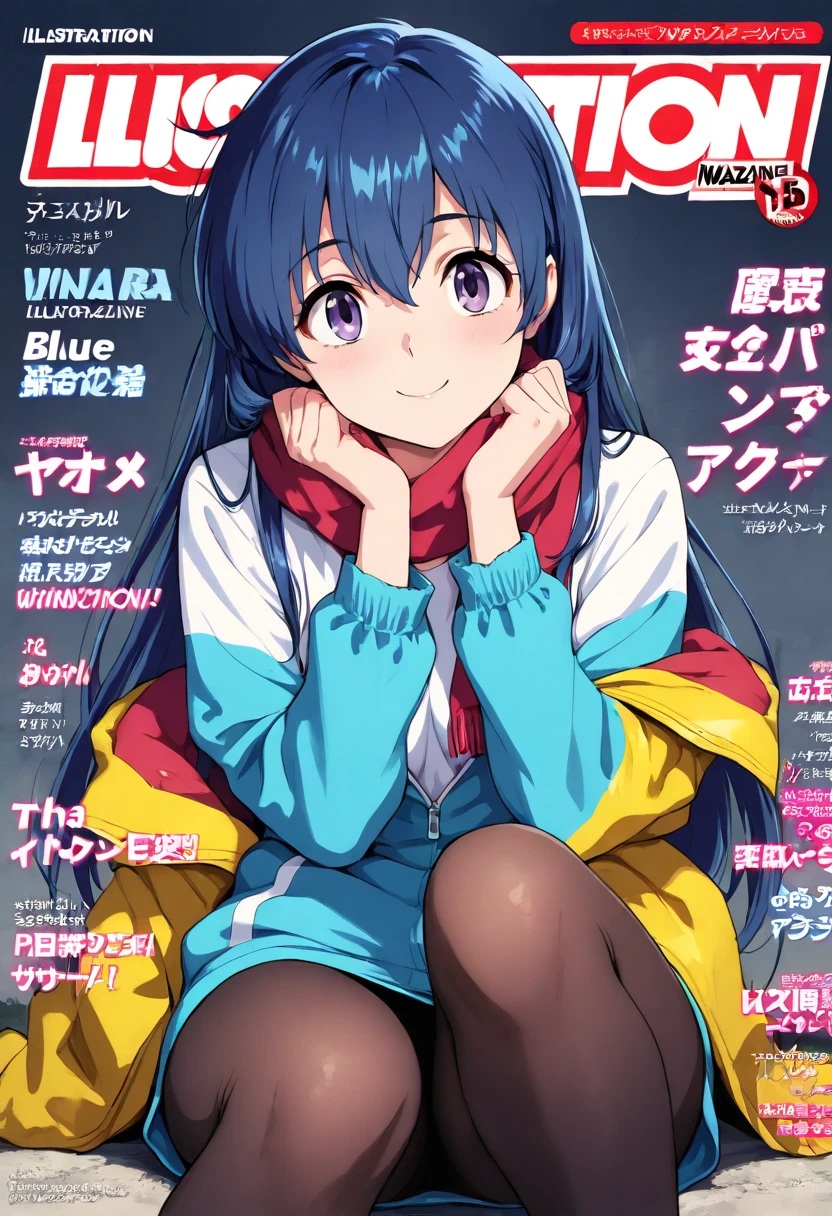 (masterpiece, best quality:1.24), best resolution, (3heads:1.5), (girl with three heads), 1girl, (blue hair), (blue hair), cheerful carefree, smiling, ((blue t-shirt)), black pants, teenage girl, blue pants, green eyes