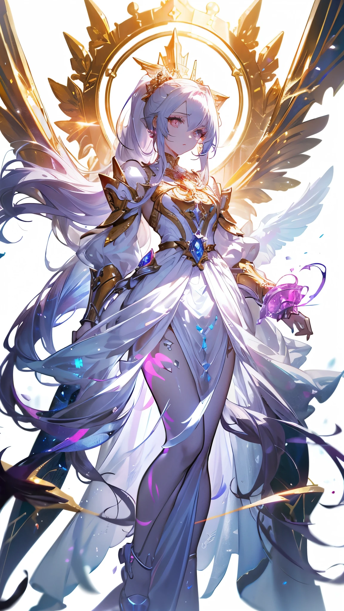 (Masterpiece, excellent picture quality, delicate CG, beautiful eye details, ultra-detailed, complex details: 1.1), 8k wallpaper, exquisite facial features, (1girl, solo: 1.4), long hair, striped hair, (elf, aura: 1.3), exquisite eyes, glowing eyes, earrings, panties, anklets, chest, necklace, magic wand, (purple flame: 1.3, feathers, (magic circle, magic ball: 1.3), (flying paper in the air: 1.4) , magic circle, spell, night, darkness, (prismatic hair, 1.4) starry background, (colorful splash: 1.3), splash art, real lighting, cool magic special effects, high saturation, extreme color, (white particles that are illuminated Surround the whole body: 1.3)