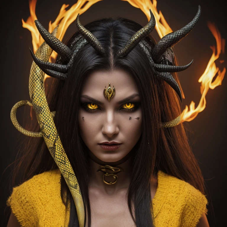 Evil demoness with a head of snake, snakes in her hair, yellow eyes