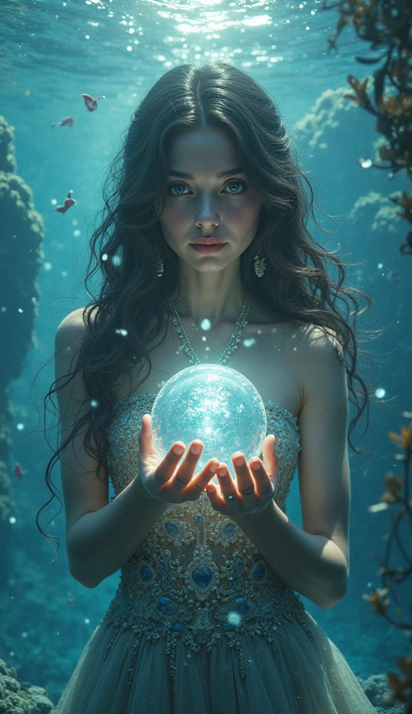 mermaid, wavy long hair, magic orb, detailed portrait, serene ocean, glowing magic orb, underwater fantasy scene, volumetric lighting, ethereal atmosphere, cinematic composition, digital painting, 8K, hyper-detailed, photorealistic, vibrant colors, dramatic lighting