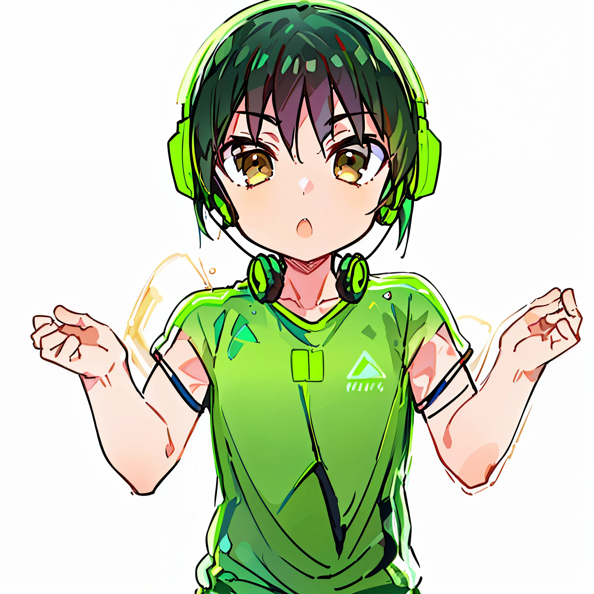 masterpiece, best quality, highres, absurdres, 4k resolution, official art, source_anime, male, 1boy, cool, sharp eyes, expressive eyes, brown eyes, headphones, waist up, shrug, shrug emoji, hands up, fingerless, (green shirt:1.5), (black hair:1.5), straight hair, pointed bangs, fair skin, white background, plain background,