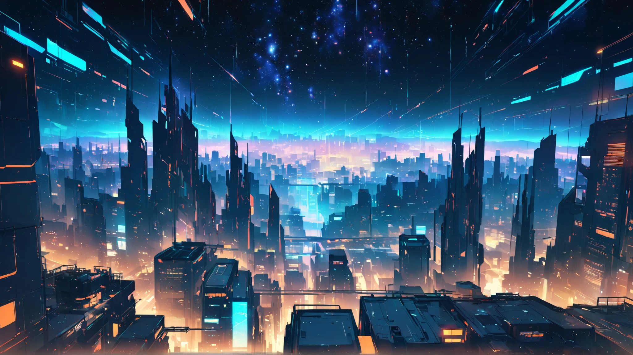 top quality, background only,Cyberpunk, Midnight city , starry sky, Taken from the roof of a building, based on blue and orange