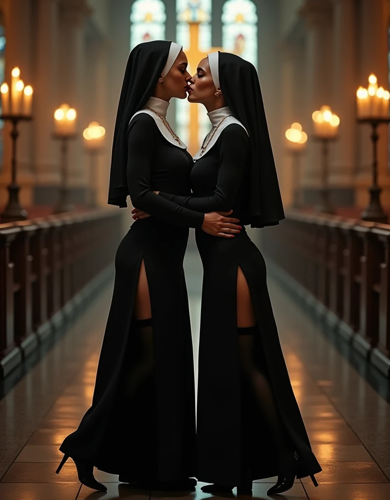 A beautiful dark-skinned nun embraces and kisses a beautiful Asian nun in a huge gothic library at night during a thunderstorm. They are both wearing revealing sheer habits.