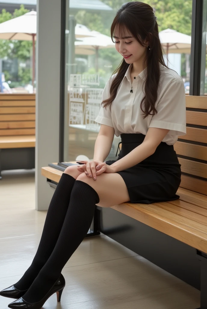 Photo taken by a professional photographer，laughter:1.5，Close-up of a woman squatting on the sidewalk, wearing a sweater, Short-cut brown hair, young and cute girl, Wearing a flared skirt，Wear stylish boots，sit on a park bench:1.5，Fancy makeup with red eyeshadow，