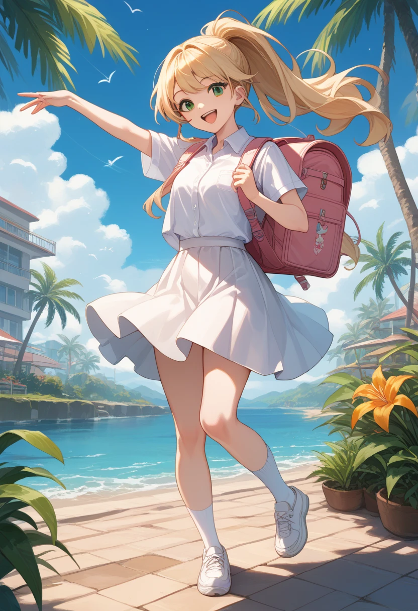 (((Masterpiece))),Superb Picture Quality,Ultra Detail,Ultra High Definition,Vacation,Wave Sound,Blue Sky,Smile,Two Shot,Twins,(1 girl),Ponytail,brown Hair,Competitive Swimsuit, wearing pink randoseru backpack, (randoseru backpack:1.0),(2 Girls),Twin Tails,blonde Hair,Competitive Swimsuit,wearing pink randoseru backpack, (randoseru backpack:1.0)