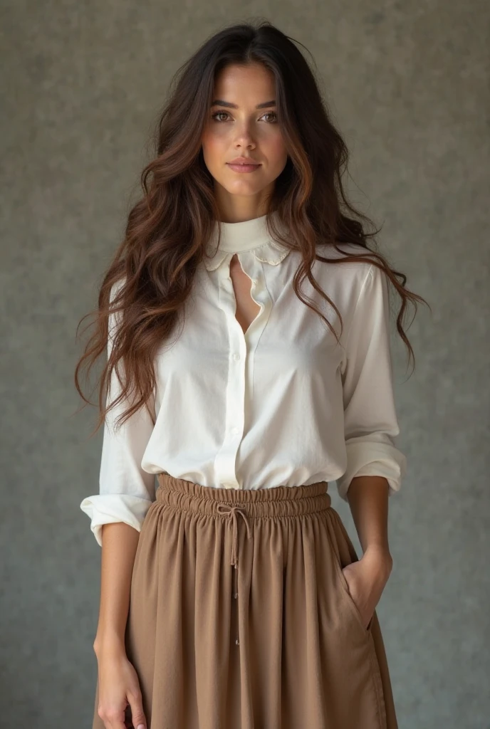 (a thin black woman). (She has dark red hair, medium length and wavy). She is 20 years old. ((She wears an elegant white blouse and sophisticated brown pants)). well-groomed and realistic hands. She is on a white wall with lights in the background. Extremely realistic photo, 8k quality.