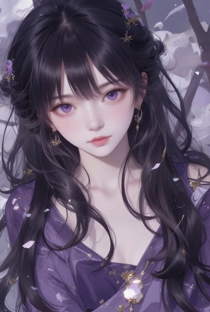 (flat color:1.1),(masterpiece:1.2), original, medium length straight black hair, Purple-colored eyes, mature girl ウエディングドレス