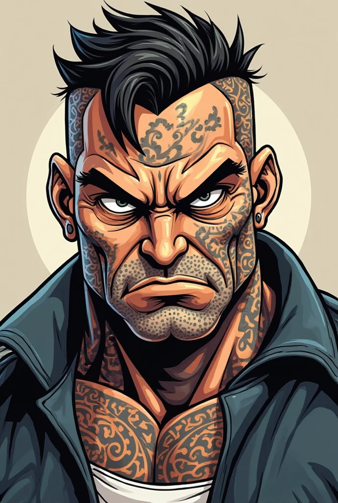 Vector of a bald man who has no beard, with the body with tattoo, working on a computer