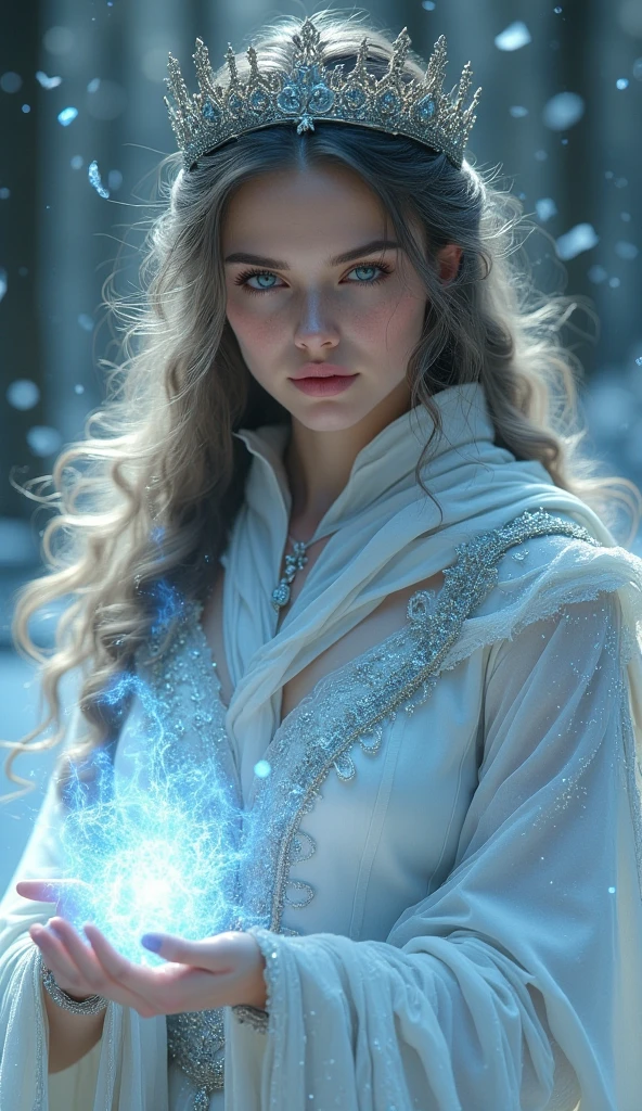 a beautiful woman ,  Solemn Expression  ，Headband crown，  wearing a white robe   ,Queen，Release the frost spell in your hand at the attack site，fantasy style, Concept Design，full body shot，   masterpiece, best quality, Very detailed