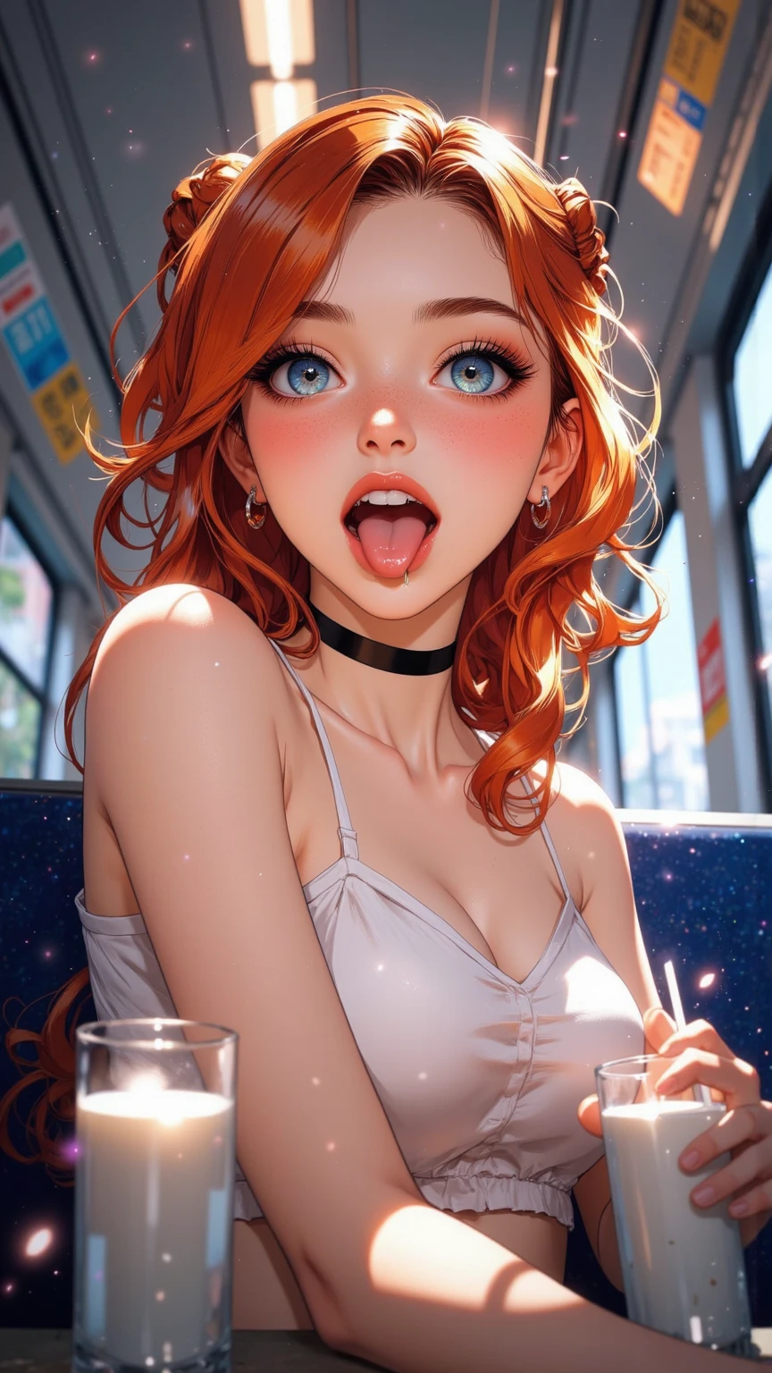 portrait. Upper body. close-up. Best quality, masterpiece, ultra high resolution, (realism: 1.4), original photo, 1 Girl, green eyes, off-shoulder, cinematic lighting, rolling eyes, gasped, Brother, Show tongue, breast size 2, in green underwear, short, Red hair, flushed face, sexual expression, Ultra HD 4K photos, super sharp HD