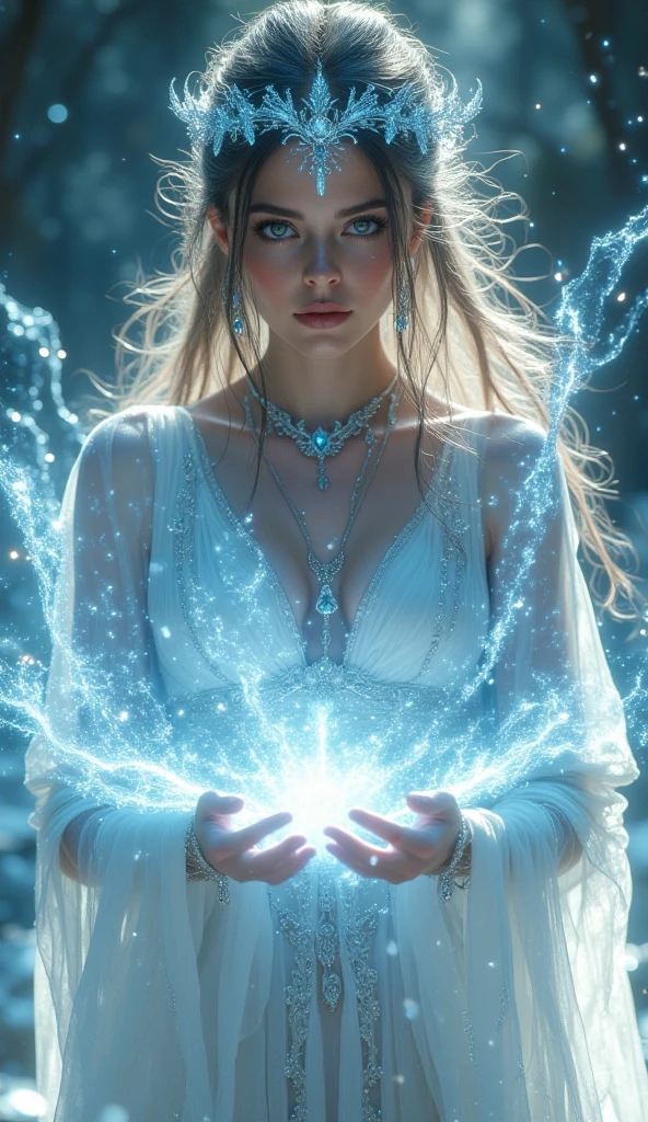 a beautiful woman，Headband crown， wearing a white robe ，Ice magic in your hands
