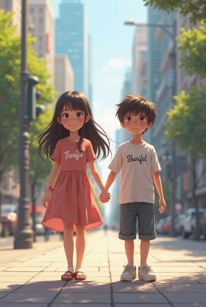 Double ponytailed girl holding boy's arm