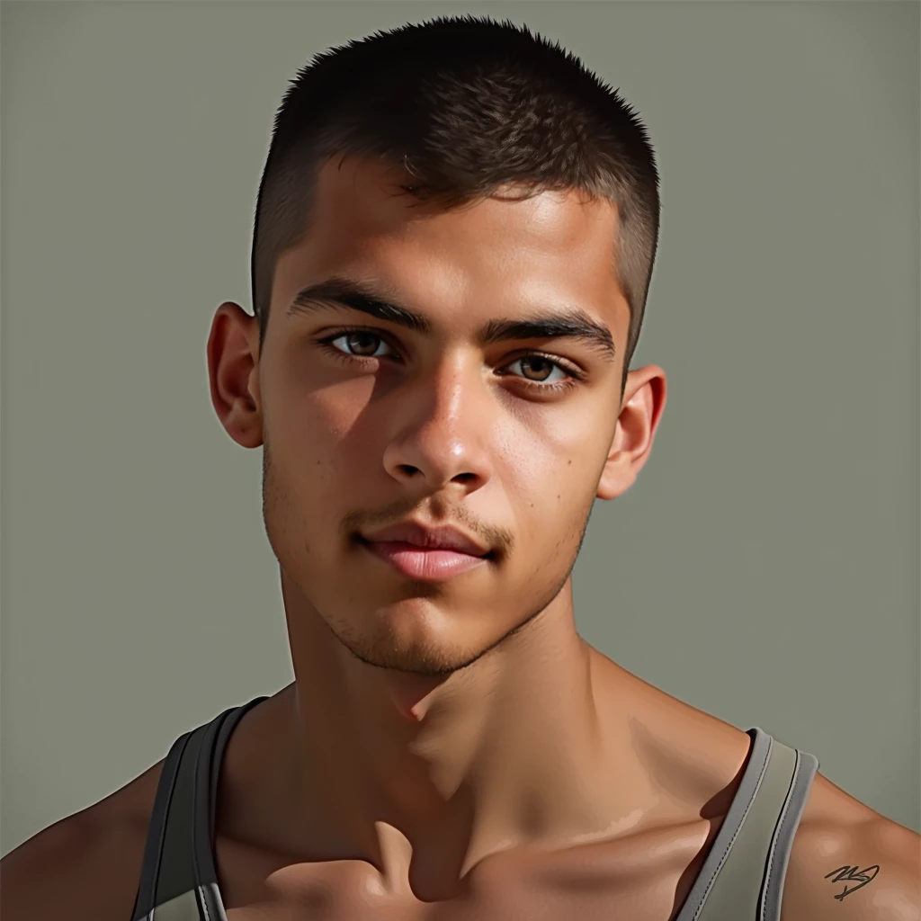 realistic, 4k, Moroccan boy, teenager, tall, muscular, tanned, with a faded hairstyle and a tackle, quality more humain, short hair