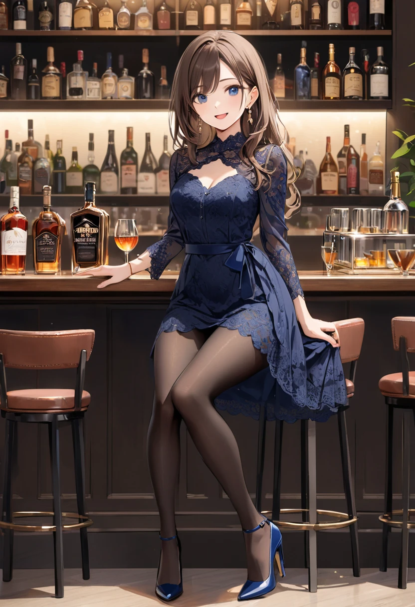 (masterpiece:1.3),(best quality, highest quality),((Full Body Shot,Including face)),girls,4K,masterpiece,((Focus on the face)),((Symmetrical facial features)),Beautiful woman,(slender),((High heels)),Detailed depiction of the face, Cafe ,bar,tie,See-through shirt,Casual wear,skirt,Age 25,(smile),kawaii, (illustration:1.3),Focus on the face,Sit on a chair