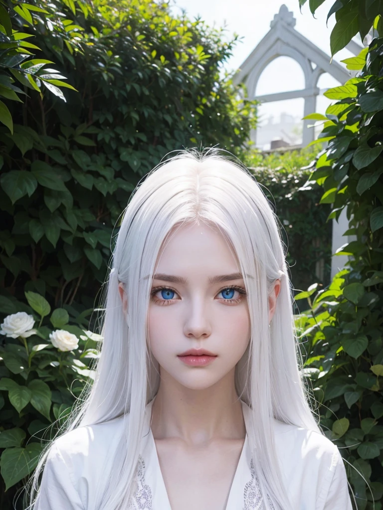 best qualtiy, tmasterpiece, White hair, eBlue eyes,A girl, exteriors, The upper part of the body, Realistis, Floating hair, Snowy, Detailed face,autumnal,Green trees,Sunshine --auto