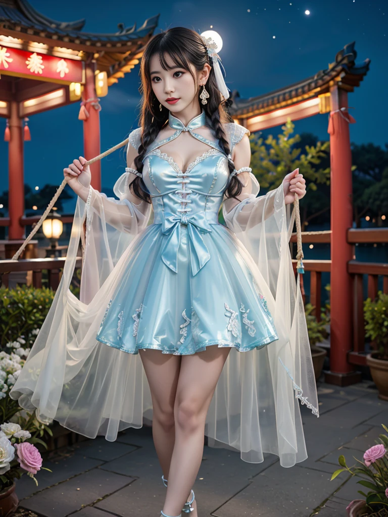 cyb dress, chinese clothes, detached collar, clothing cutout, wide sleeves, see-through sleeves, Tassel (best quality, masterpiece:1.2), tianfeng1, Extremely detailed, (Practical:1.37), beautiful, youth, Charming female model, sweet smile, Sweetheart girl, Warm colors, ((Full body view，Skin is firm and smooth)), ((Random scenes，Random shooting angles)), ((Elegant and natural gesture)), (big eyes, Exquisite eyes, Delicate lips, Exquisite eyes), Available in white and floral pattern, Show a bright smile, fit, Full breasts, ((Large Breasts)), Long legs, Create a stunning photo of a girl