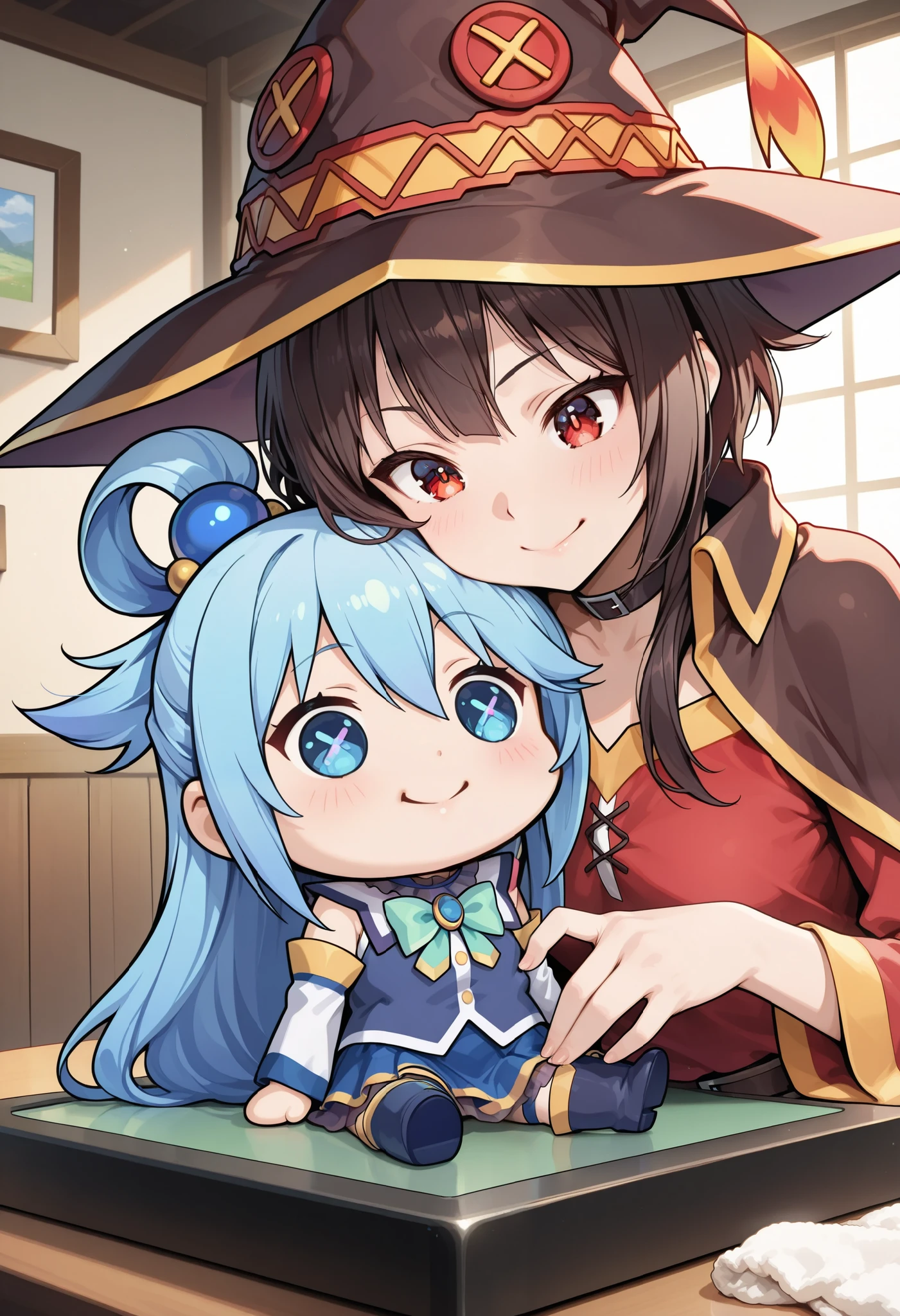 aqua \(KONOSUBA\), kono subarashii sekai ni shukufuku wo!, Plush Figure, chibi, Soft cloth texture:1.2, fluffy surface, felt-like material, cute and cuddly aesthetic feeling, Soft, Damn, Soft, sit, small button eyes, Tabletop Display, megumin \(KONOSUBA\), kono subarashii sekai ni shukufuku wo!, 1 Female, A woman holding a stuffed animal, (top quality, very detailed, CG illustration, masterpiece:1.2, Aesthetics at its best),