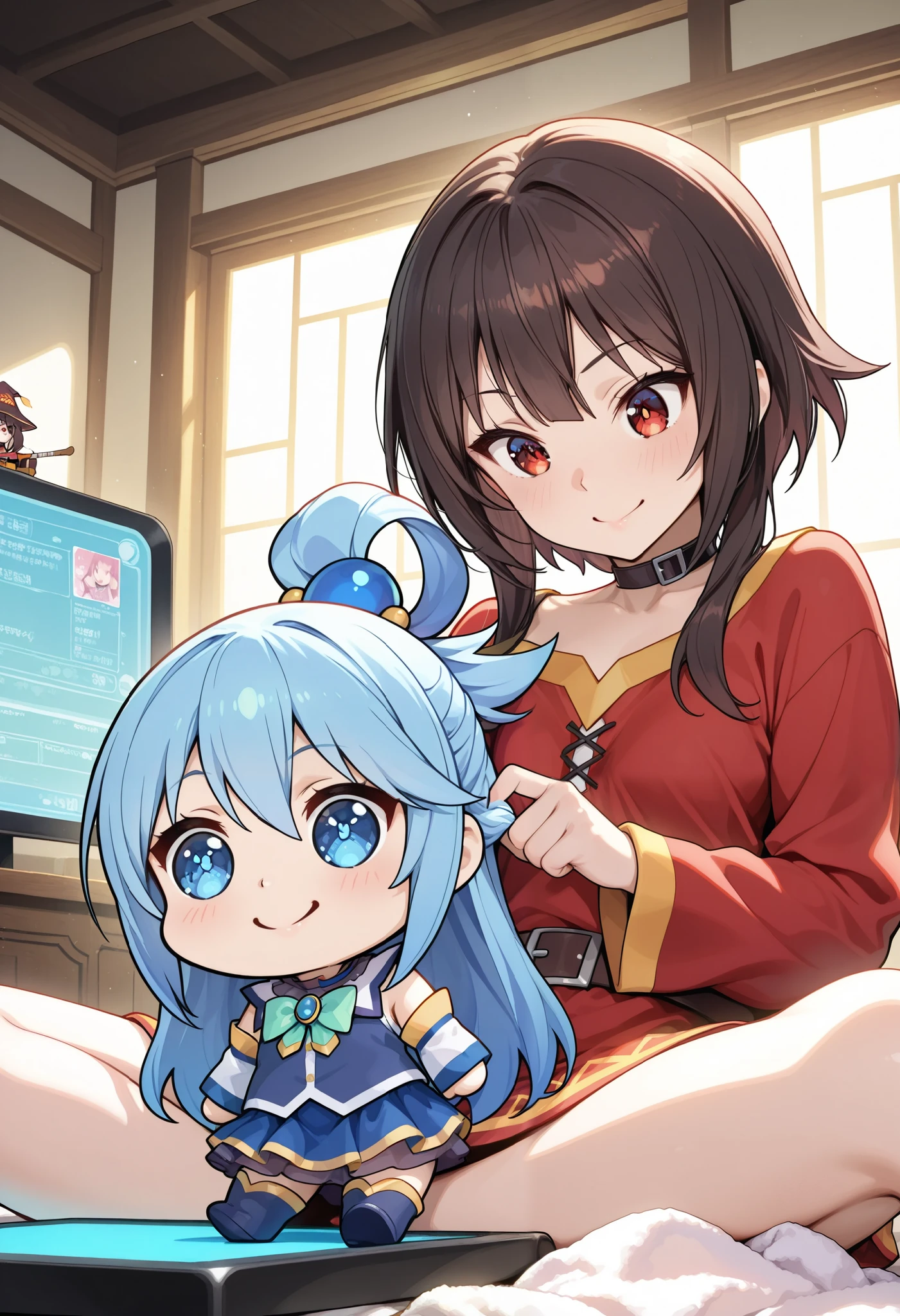 aqua \(KONOSUBA\), kono subarashii sekai ni shukufuku wo!, Plush Figure, chibi, Soft cloth texture:1.2, fluffy surface, felt-like material, cute and cuddly aesthetic feeling, Soft, Damn, Soft, sit, small button eyes, Tabletop Display, megumin \(KONOSUBA\), kono subarashii sekai ni shukufuku wo!, 1 Female, A woman holding a stuffed animal, (top quality, very detailed, CG illustration, masterpiece:1.2, Aesthetics at its best),