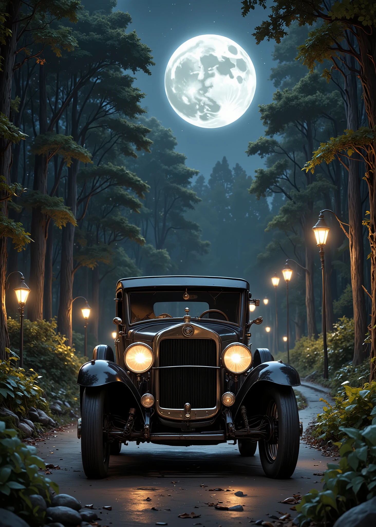 Car upload photo、Steam cars 、An old Ford type car from early 1900 is parked in the middle of a forest road、no one on board、Gently Curved Road、streetlights continue at equal intervals on the side road、full moon night