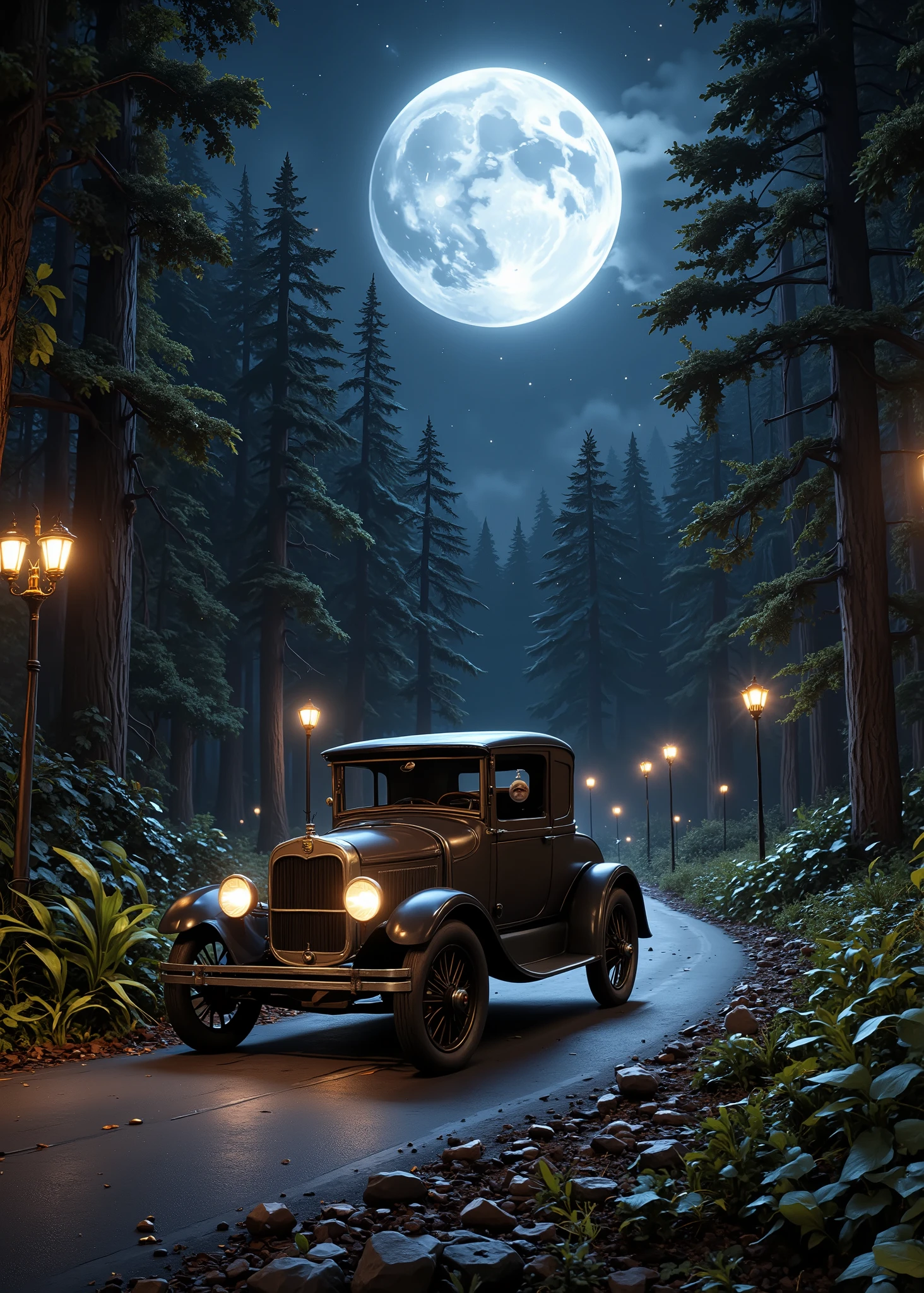 Car upload photo、Steam cars 、An old Ford type car from early 1900 is parked in the middle of a forest road、no one on board、Gently Curved Road、streetlights continue at equal intervals on the side road、full moon night